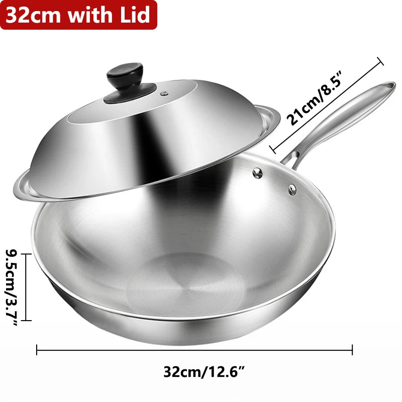 Stainless Steel Wok 32cm Tri Ply Induction Compatible Glass Lid