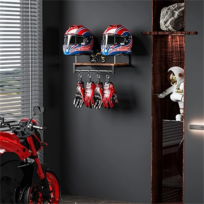 Motorcycle Helmet Wall Mount Wooden Shelf with Adjustable Hooks Storage Rack - Brown