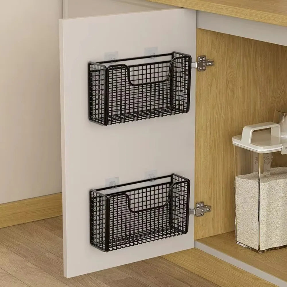 Cabinet Door Storage Rack Wall Mounted Punch Free Kitchen Organiser with 2 Adhesive Hooks – White