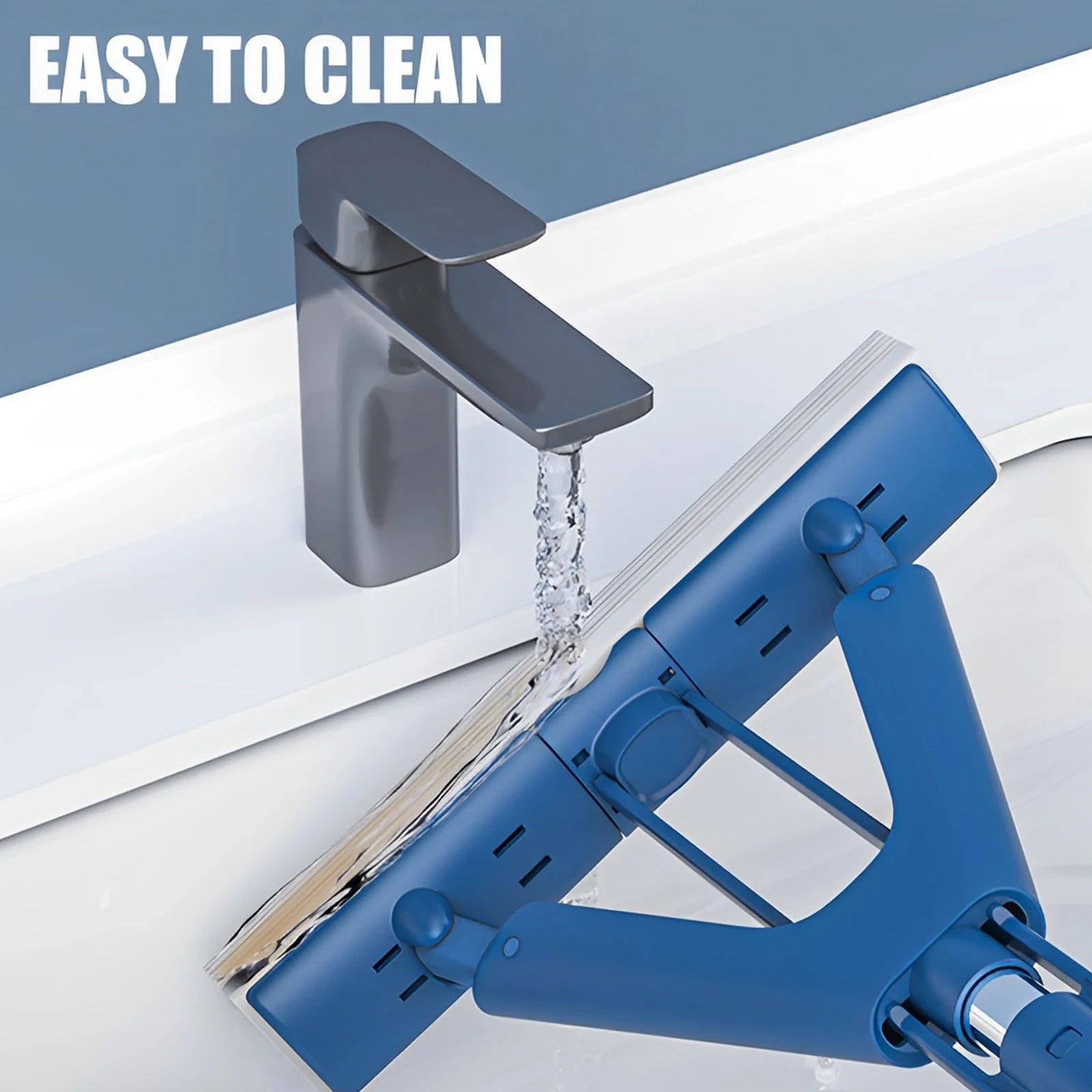 Foldable Self-Draining Sponge Mop with Telescopic Handle 96–128cm and 2 Replacement Heads - Blue