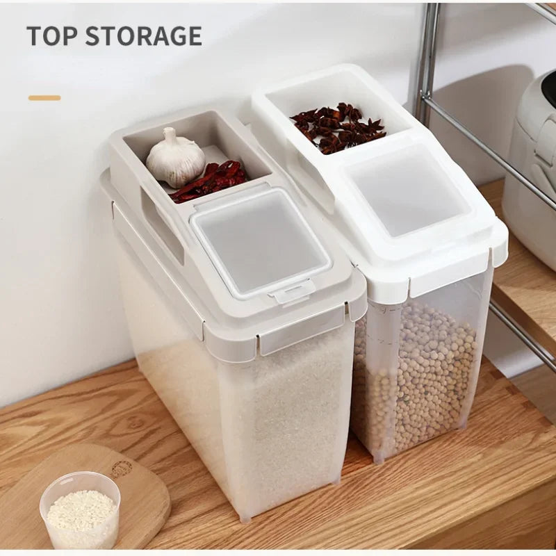 Rice Storage Container 10kg Airtight Kitchen Grain Bin with Wheels – White