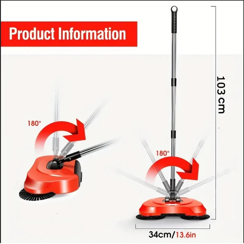 Hand Push Sweeper 360° Rotating Floor Cleaner with Adjustable Handle Manual Cleaning Tool - Red with Mop Clamp