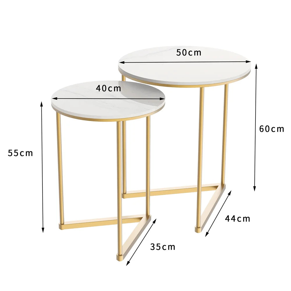 Nesting Side Table Set 2 Piece Sintered Stone Top Metal Base Round Tables - White