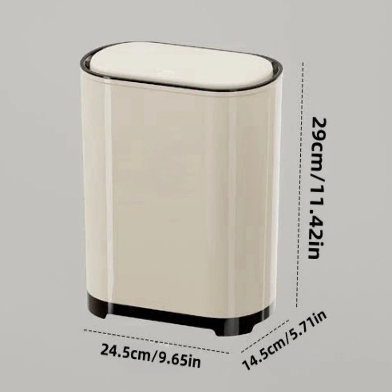Press Lid Trash Can Narrow Design with Cover for Bathroom Kitchen and Living Room Beige