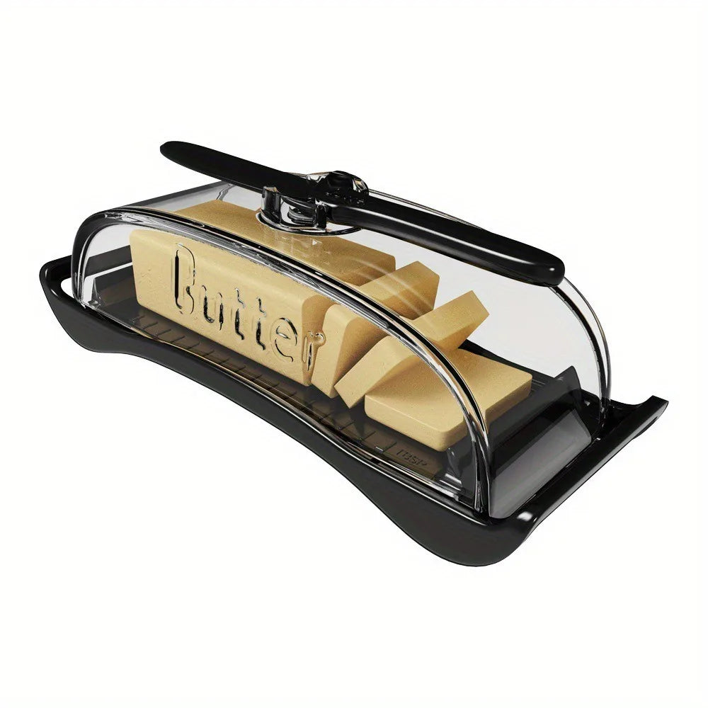 Butter Dish with Lid and Spreader Knife Plastic Butter Storage Container with Measurement Guide – Black