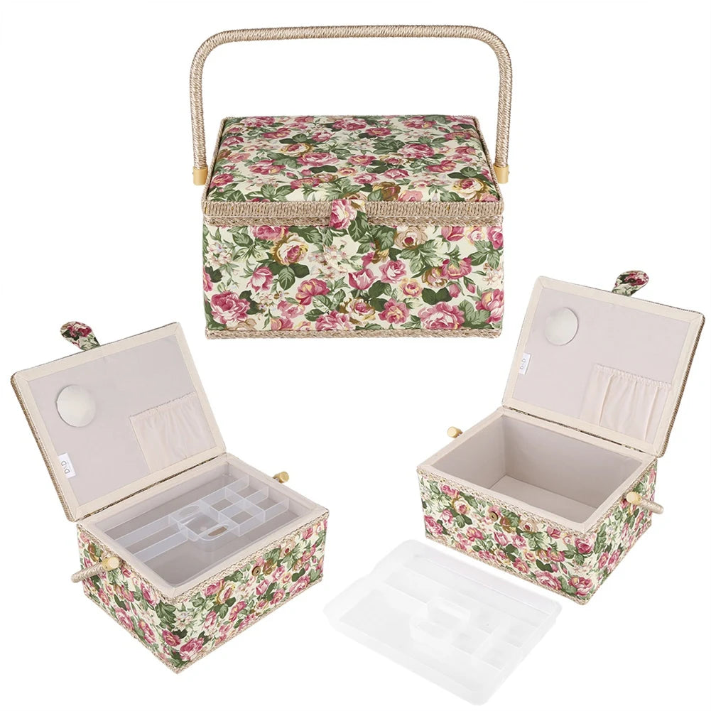 Portable Floral Fabric Sewing Storage Box Organizer with Handle Craft Tool Case