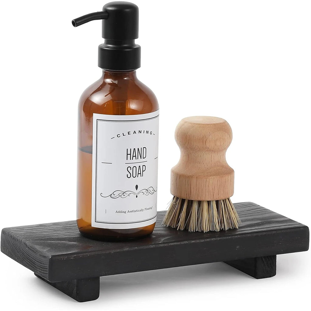 Wooden Pedestal Soap Stand Farmhouse Bathroom Counter Riser Soap Dish Display Tray for Kitchen and Bathroom – Black