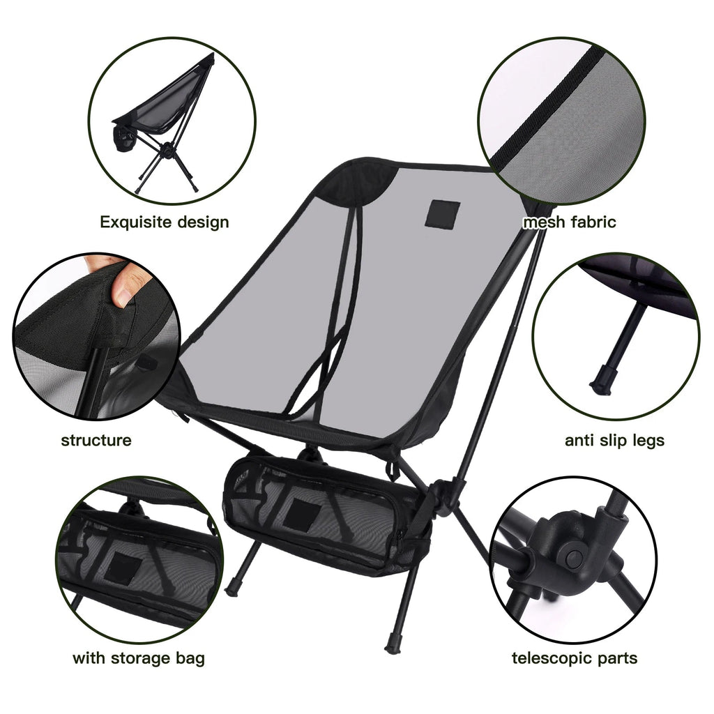 Moon Chair – Breathable Outdoor Camping & Fishing Chair, 7075 Aluminum Alloy, Mesh Surface, 2 Pack - Black