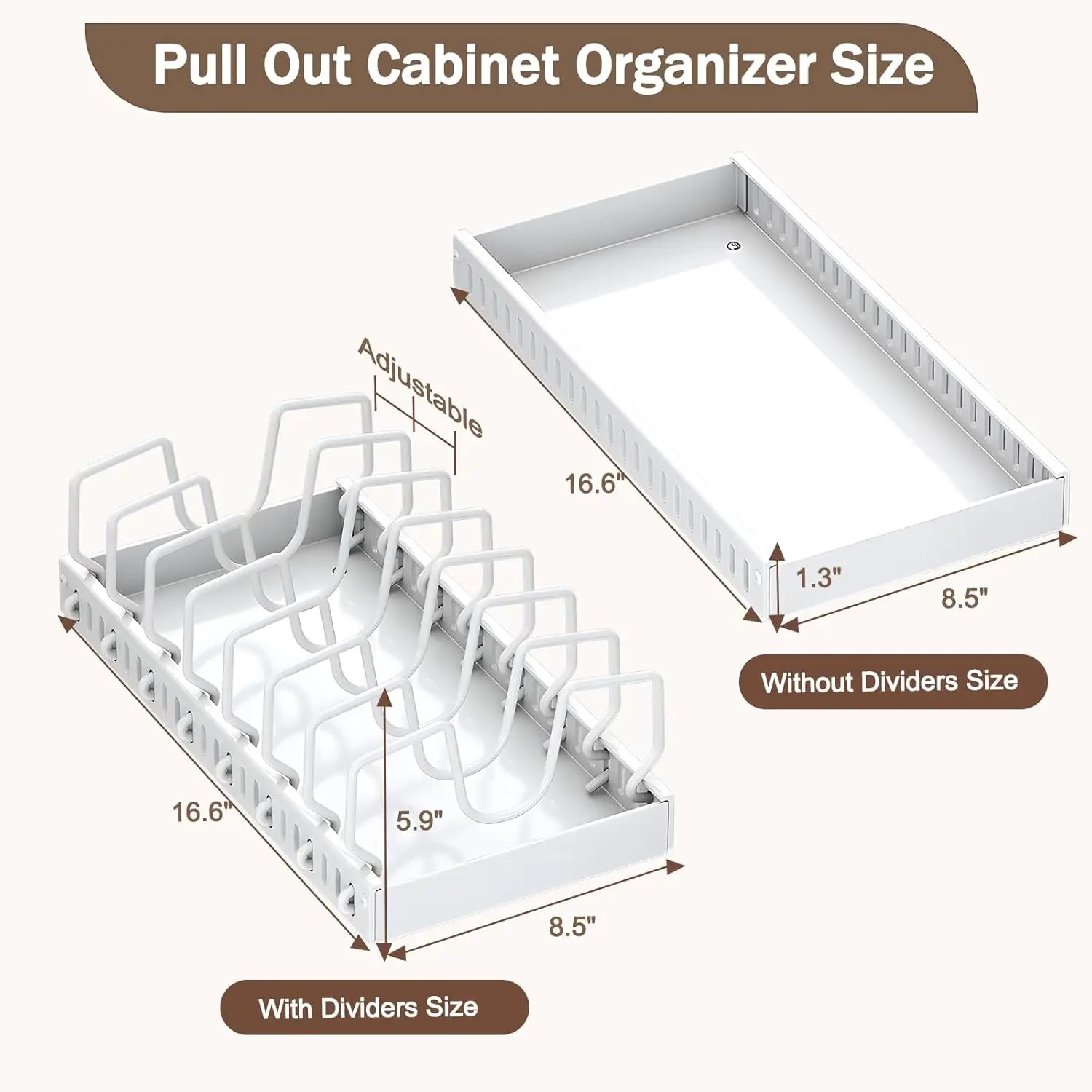 Pull Out Pots and Pans Organizer with Adjustable Dividers Stainless Steel Under Cabinet Storage - White