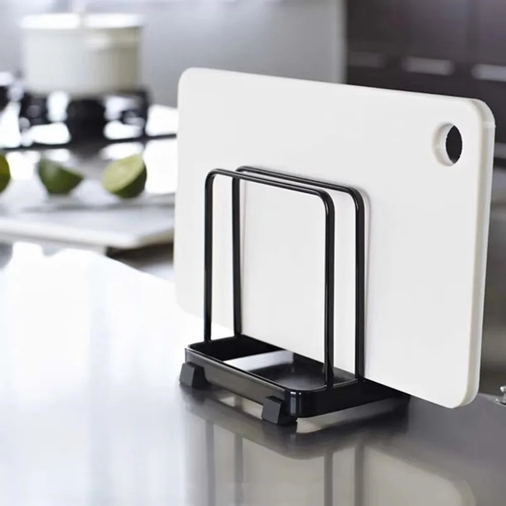 Cutting Board Rack 12cm Vertical Kitchen Storage Stand with Drain Tray Reusable Organiser - Black