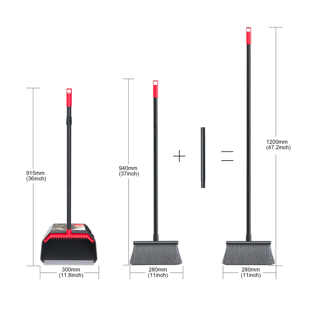 Broom and Dustpan Set Long Handle Adjustable Folding Upright Cleaning Tool - Red