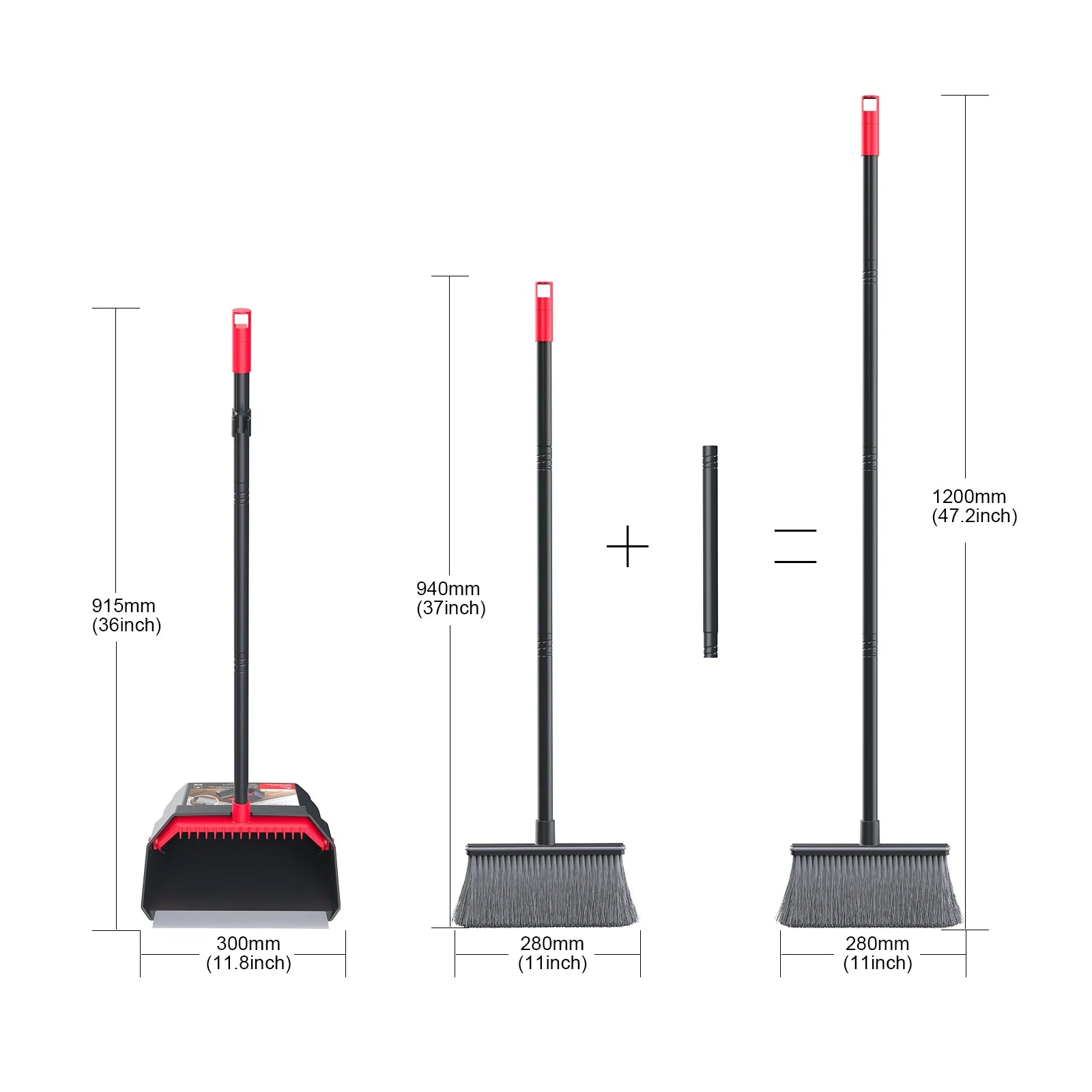 Broom and Dustpan Set Long Handle Adjustable Folding Upright Cleaning Tool - Red