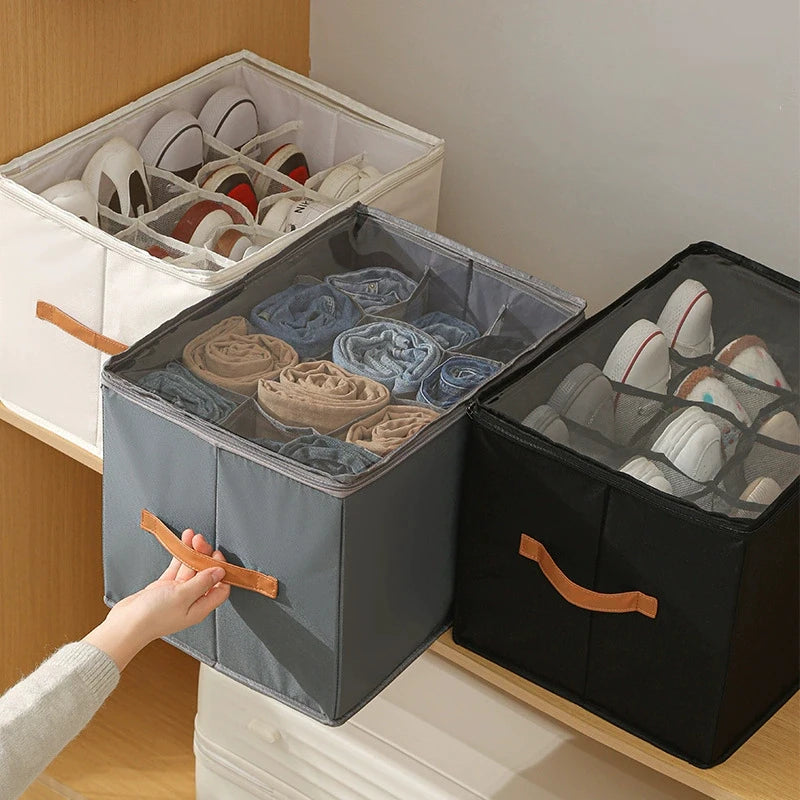Shoe Storage Box Foldable Clear Cover with Adjustable Dividers - Grey