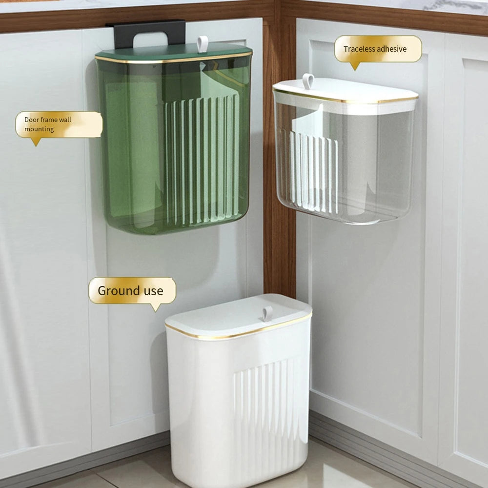 Wall Mounted Kitchen Trash Can 9L Hanging Garbage Bin with Slide Lid – Green
