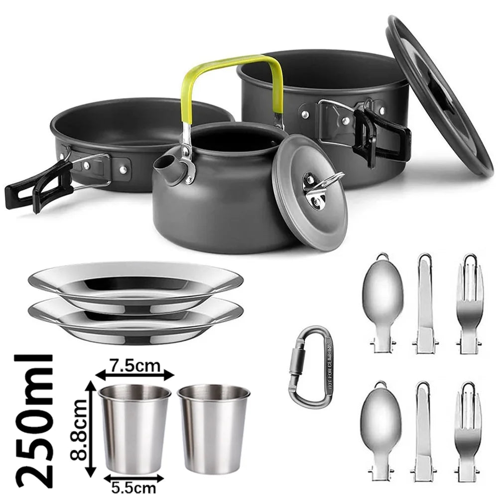 Camping Cookware Set 1-3 Person Non Stick Pots Pan Kettle Kit - 2 Stainless Steel Tableware 250 ML