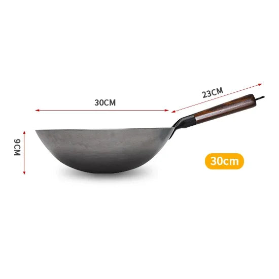 Hand Hammered Carbon Steel Wok 30cm Non-Coated Stir Fry Pan with Wooden Handle