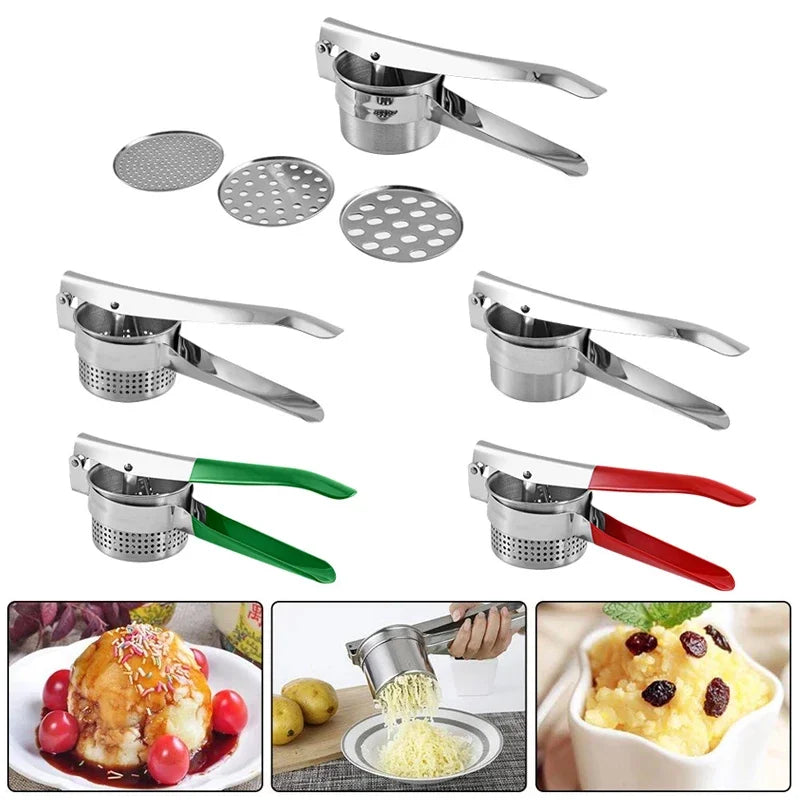 Stainless Steel Potato Ricer Manual Masher with 3 Interchangeable Discs – Red