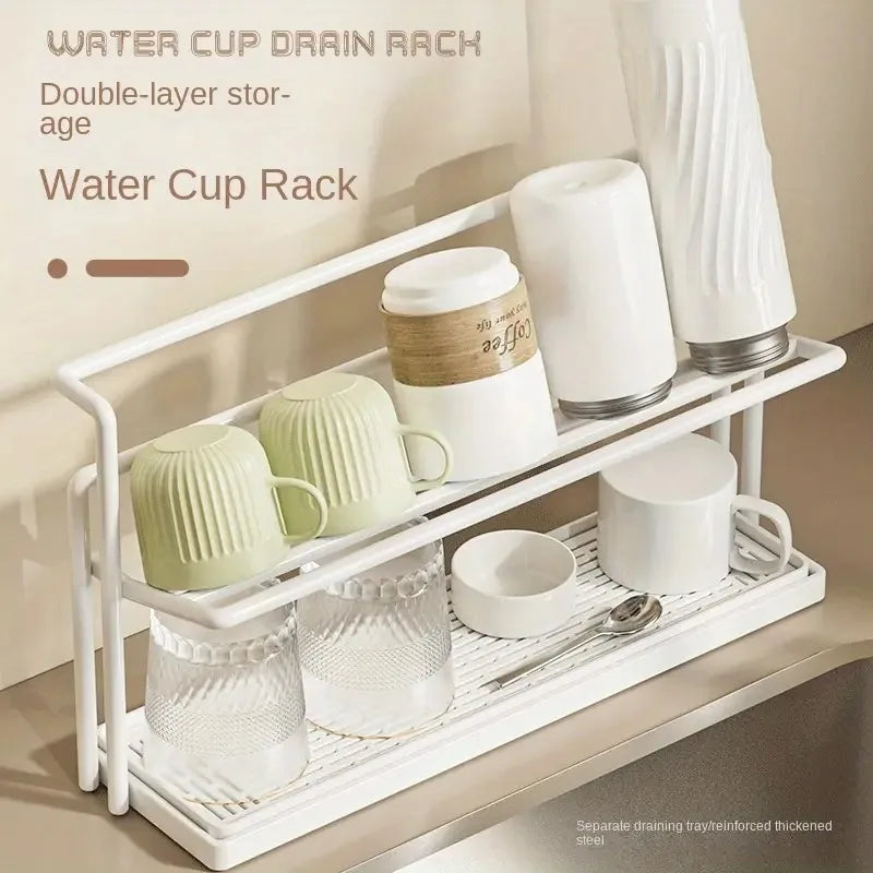 Cup Organizer 2 Tier Waterproof Countertop Storage Rack with Drain Tray Mug Holder - Black