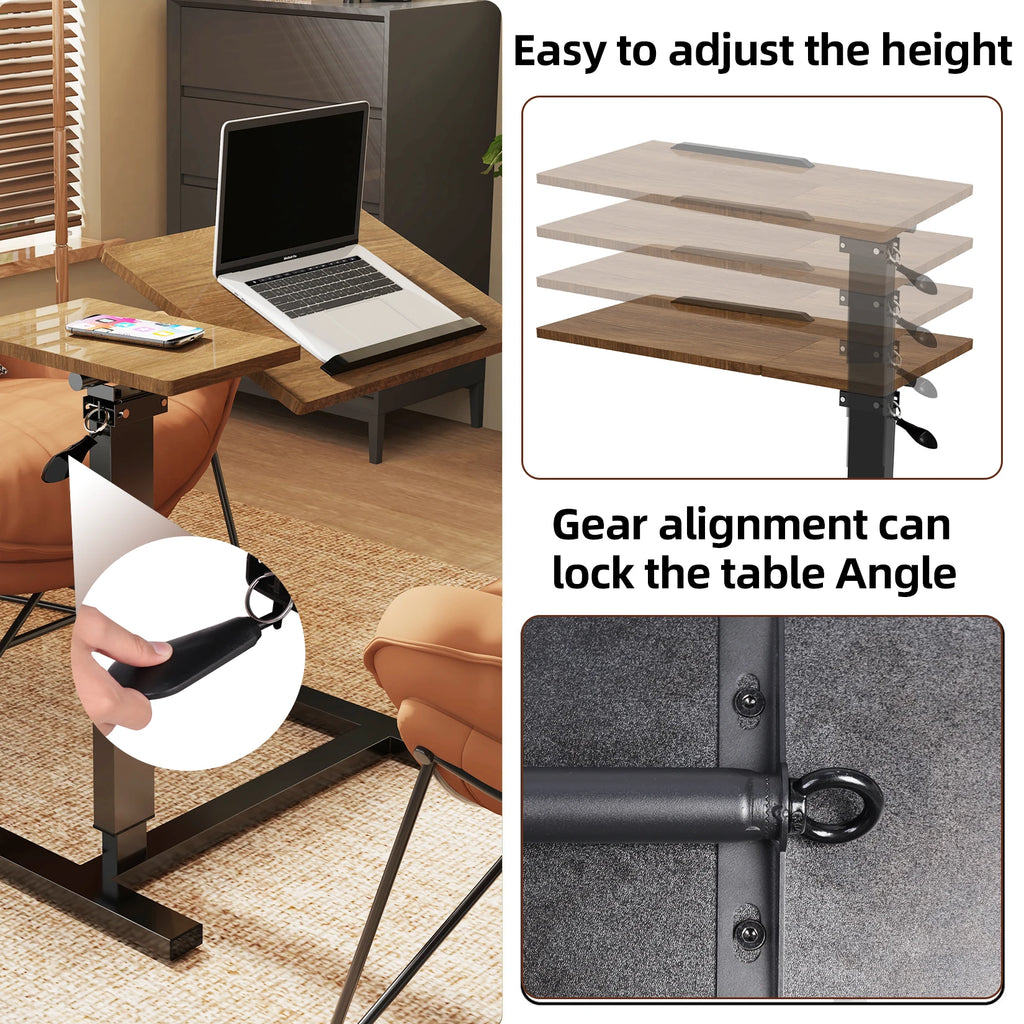 Height Adjustable Overbed Table with Rolling Wheels Mobile Laptop Desk Bedside Workstation – Brown
