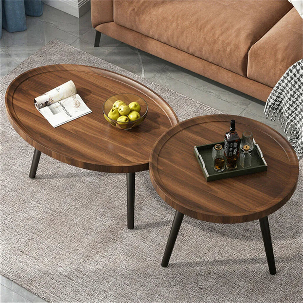 Coffee Table Set of 2 Drop Shape Nesting Wood Top Accent Tables – Walnut