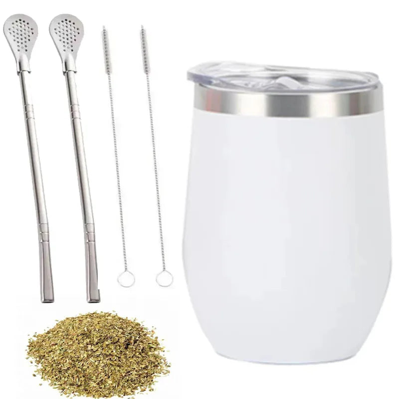 5 Piece Yerba Mate Cup Set 350ml Double Wall Stainless Steel Tea Mug with Straw and Cleaning Brushes – White