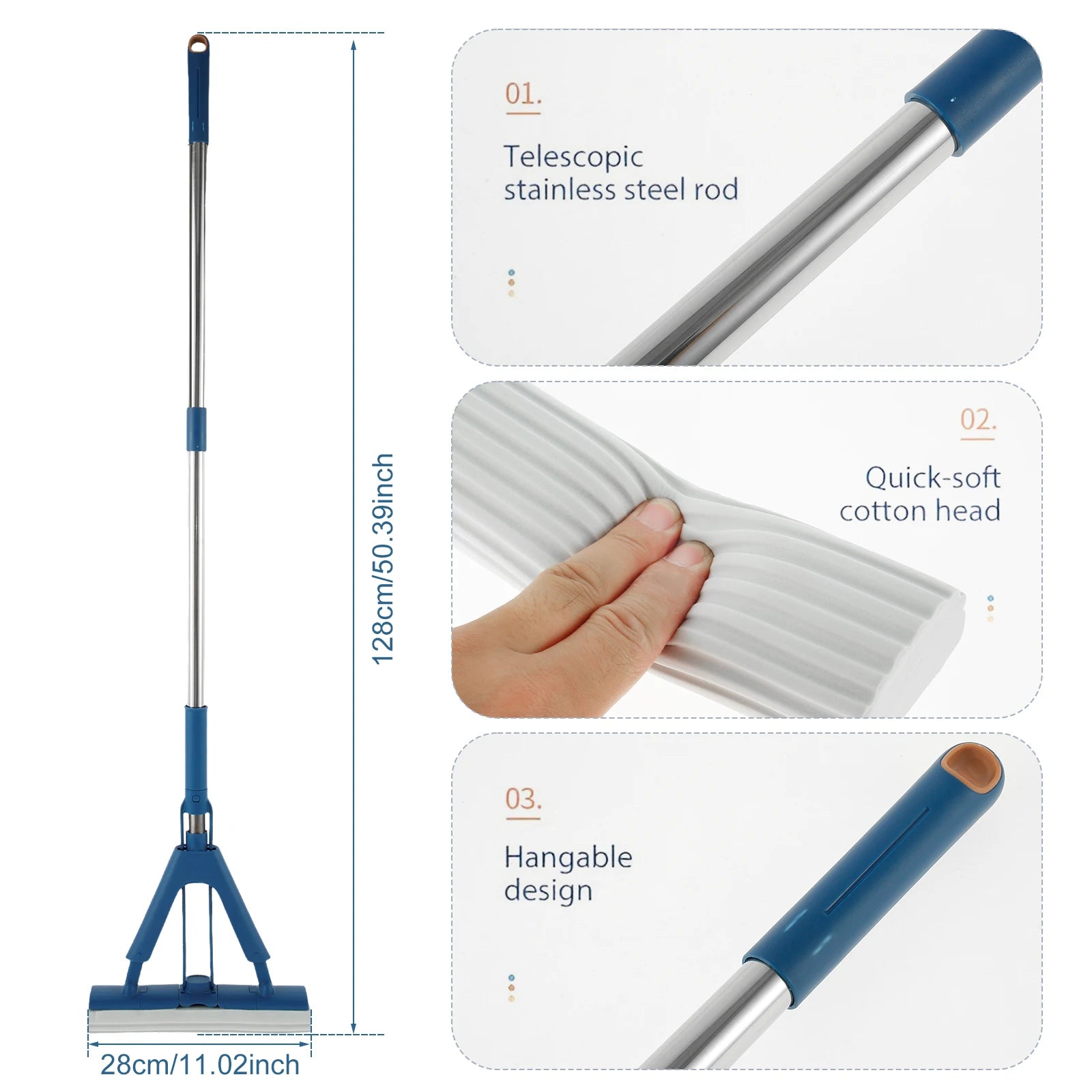 Foldable Self-Draining Sponge Mop with Telescopic Handle 96–128cm and 2 Replacement Heads - Blue