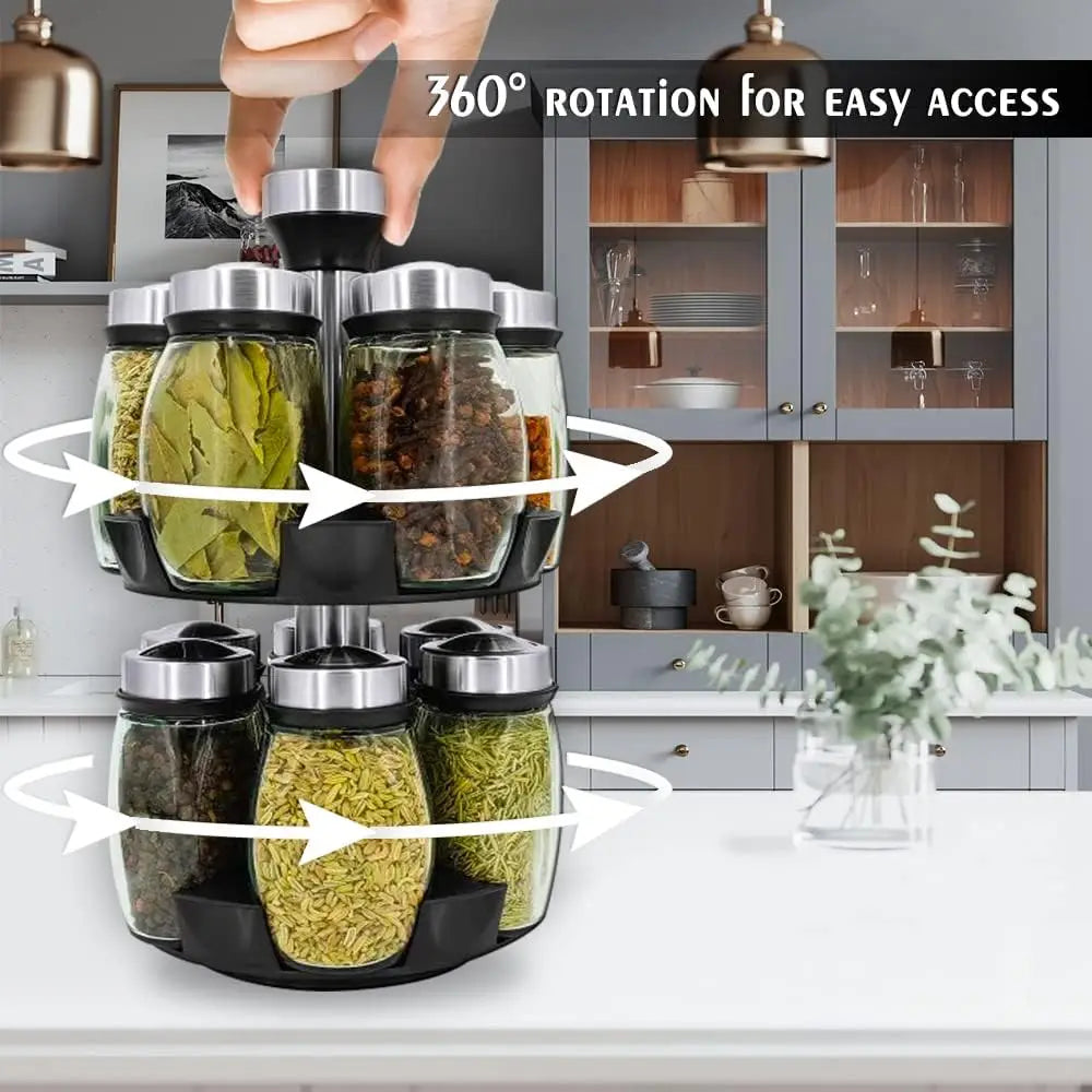 Seasoning Jar Set 6 Pcs Rotatable Glass Spice Containers 360° Kitchen Storage Shakers