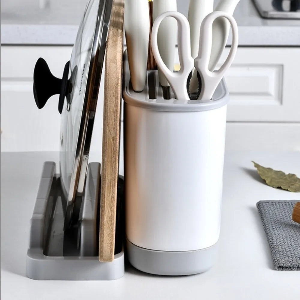 Large Capacity Kitchen Cutlery Holder Chopping Board Rack with Self-Draining Storage Organizer – Black