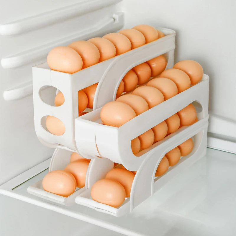 4 Tier Automatic Roll-Out Egg Storage Rack Refrigerator Egg Organizer Holder for Up to 30 Eggs – White