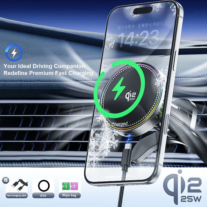 Car Phone Holder Qi2 25W Wireless Charger Air Vent Mount with RGB Light - Black