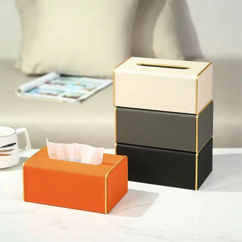 Tissue Box 19 × 13 × 9 cm Leather Covered Desktop Tissue Holder with Gold Trim