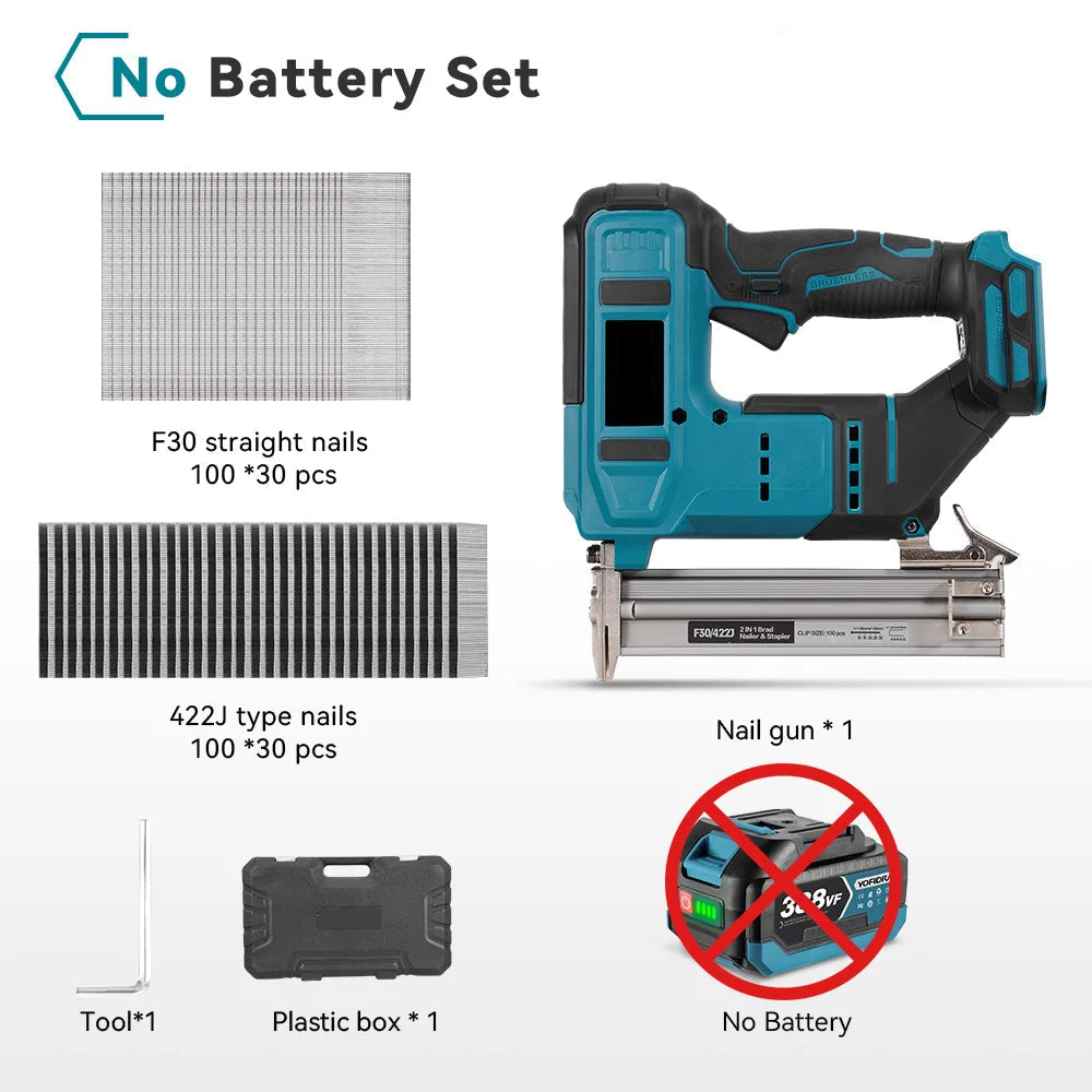 Brushless 30mm Electric Nail Gun 2-in-1 Nailer & Stapler – Cordless Framing and Tacker Tool for 18V Battery

      