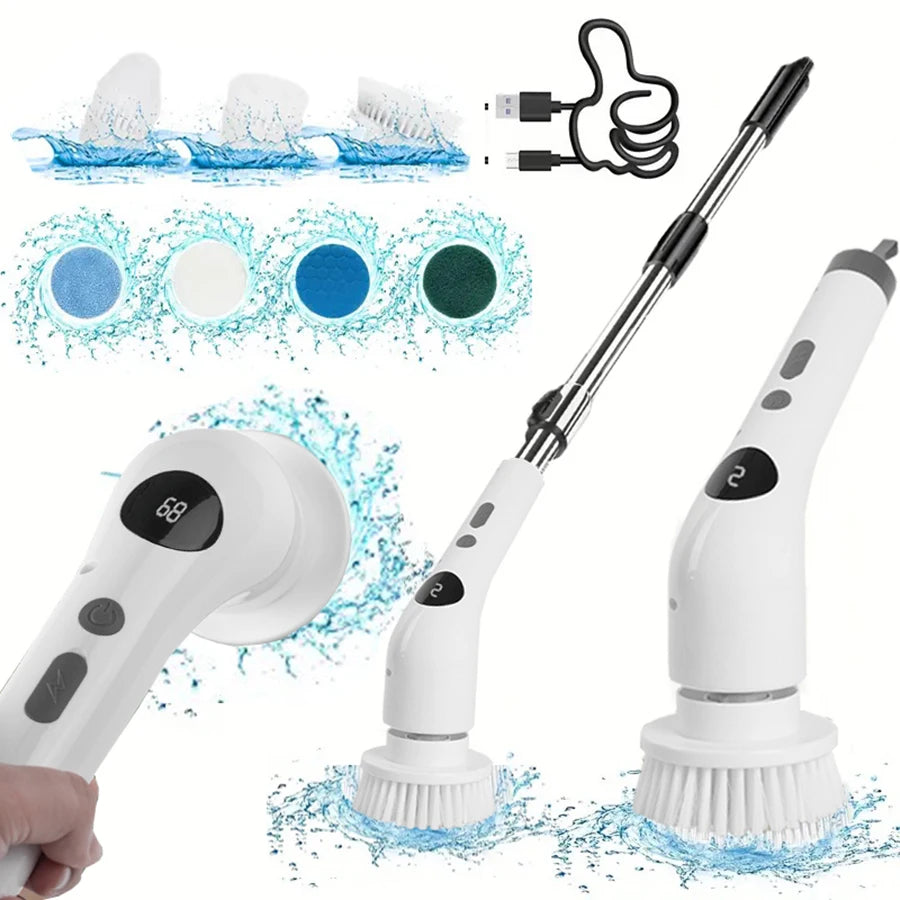 Cordless Electric Spin Scrubber Adjustable Cleaning Brush with 8 Brush Heads USB Rechargeable – White