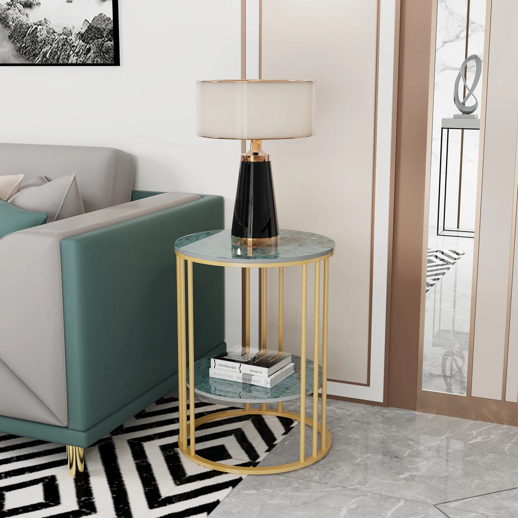 Side Table 40cm Round Marble Look Sintered Stone Top Metal Frame – Black and White
