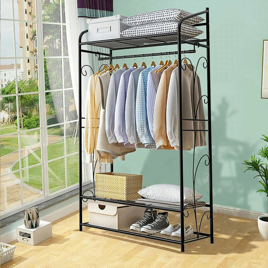 Black Metal Clothes Rack Stand with 2 Shelves for Shoes and Closet Organization