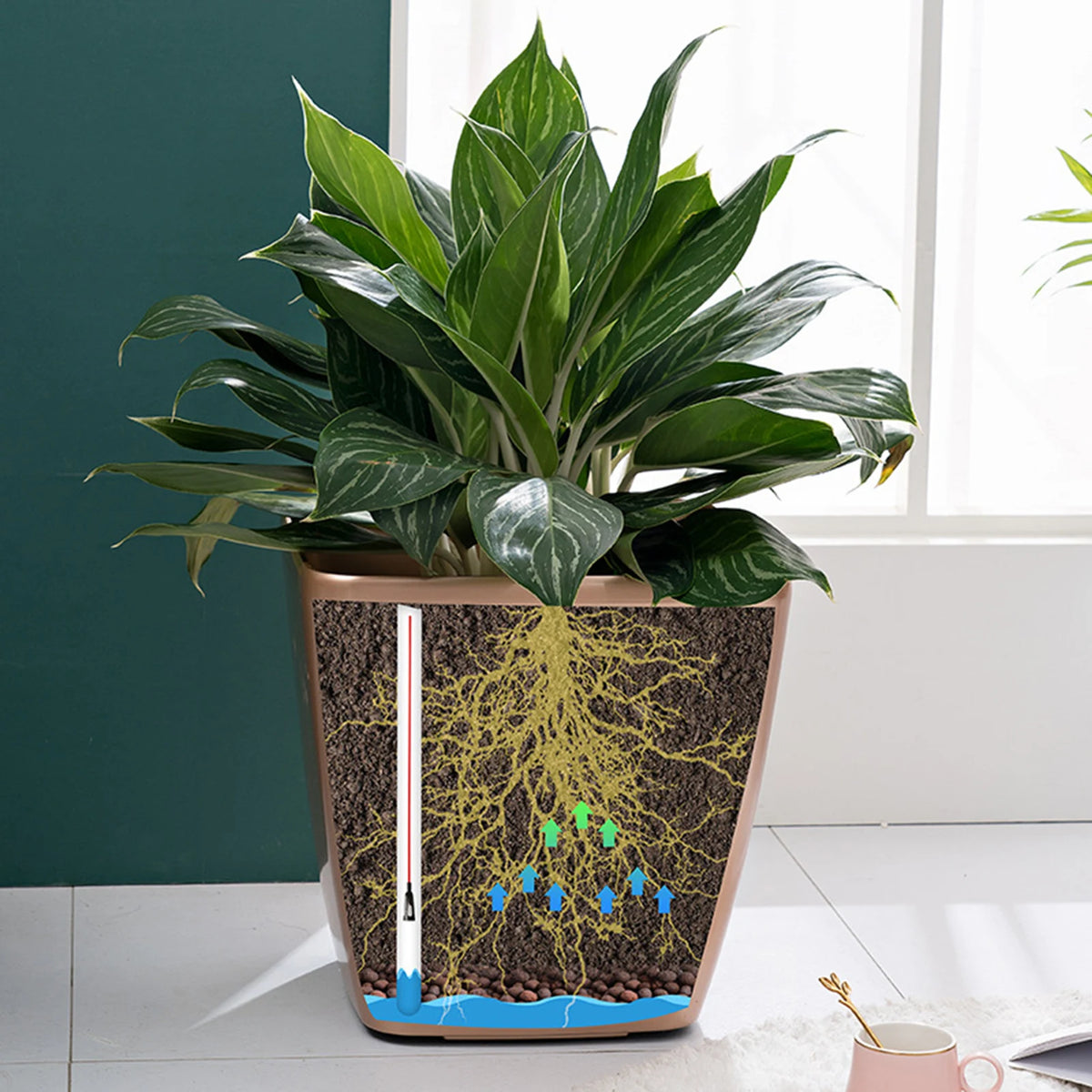 Self-Watering Planter 14cm Plastic Flower Pot With Water Level Indicator – Brown