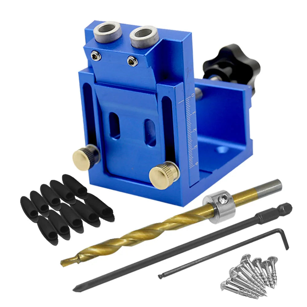 Pocket Hole Jig Kit with Drill Guide Step Bit Screws and Wooden Plugs for Woodworking Blue