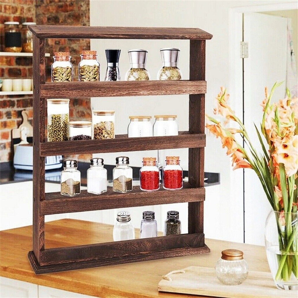 4 Tier Wall Mounted Wooden Spice Rack Floating Storage Shelf Kitchen Organizer – Brown