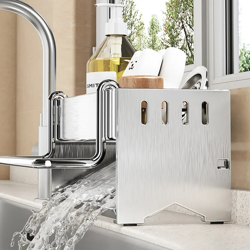 Stainless Steel Sink Storage Rack Kitchen Sponge Holder with Towel Bar Draining Organizer – Steel