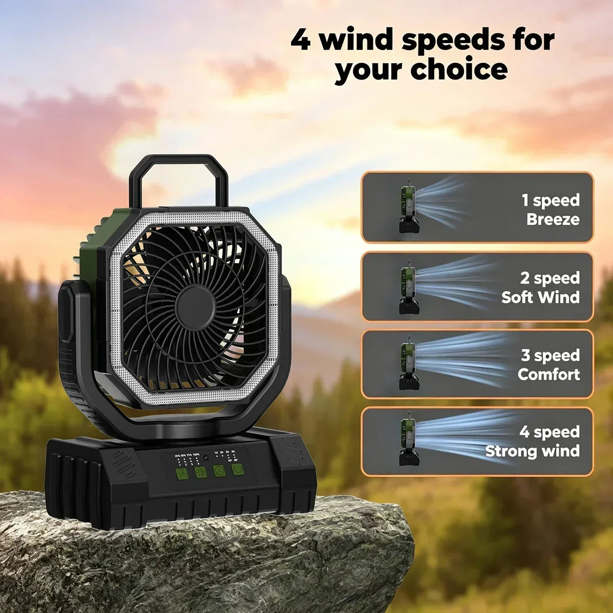 Camping Fan 20000mAh Rechargeable Portable Tent Air Circulator with LED Light – Green