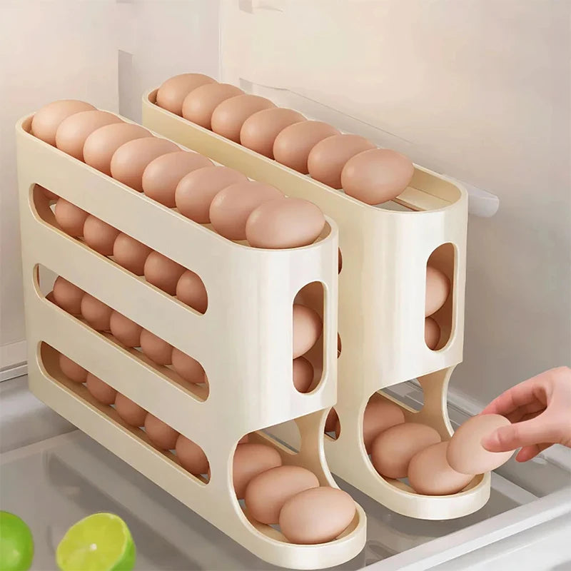 4 Tier Automatic Roll-Out Egg Storage Rack Refrigerator Egg Organizer Holder for Up to 30 Eggs – White