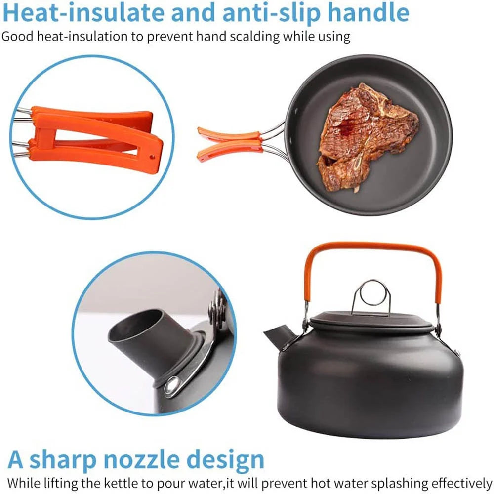 Camping Cookware Set 1-3 Person Non Stick Pots Pan Kettle Kit - 2 Stainless Steel Tableware 250 ML