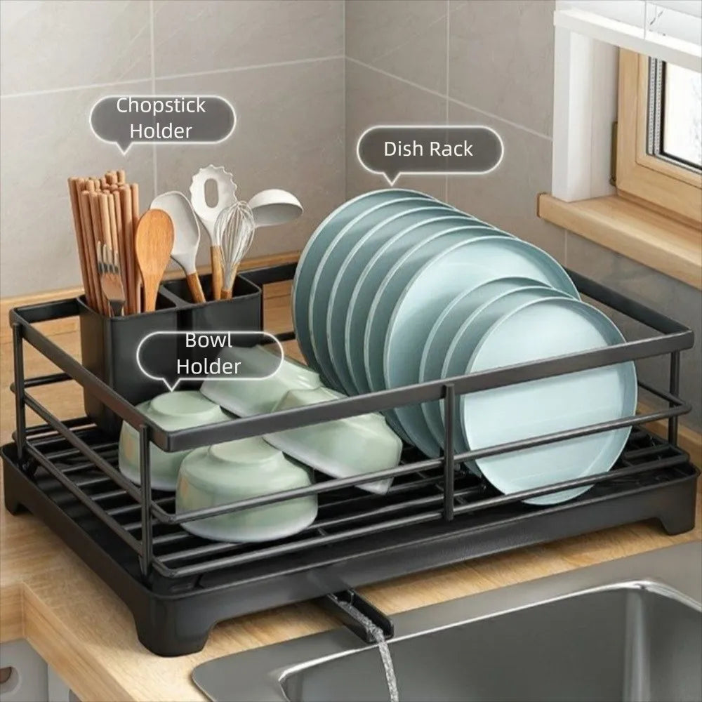 Dish Drying Rack Carbon Steel Kitchen Storage Organiser with Drainer Tray
