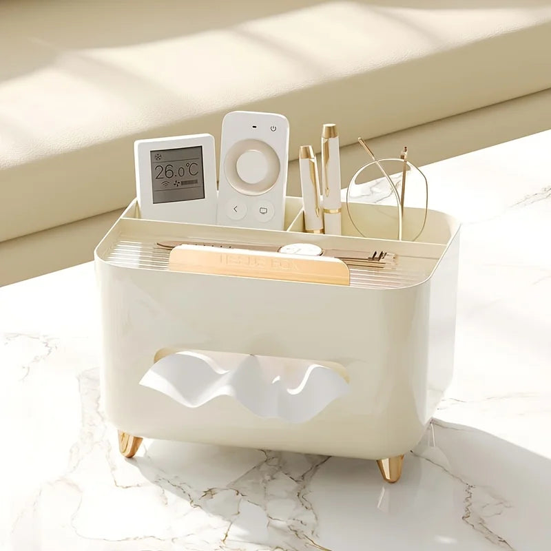 Tissue Box Holder with Storage Compartments and Remote Organiser ABS - Beige