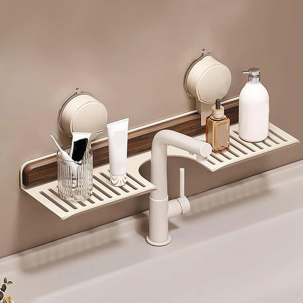 Bathroom Shelf Walnut Suction Cup Sink Organiser Over Faucet Storage Rack - Black