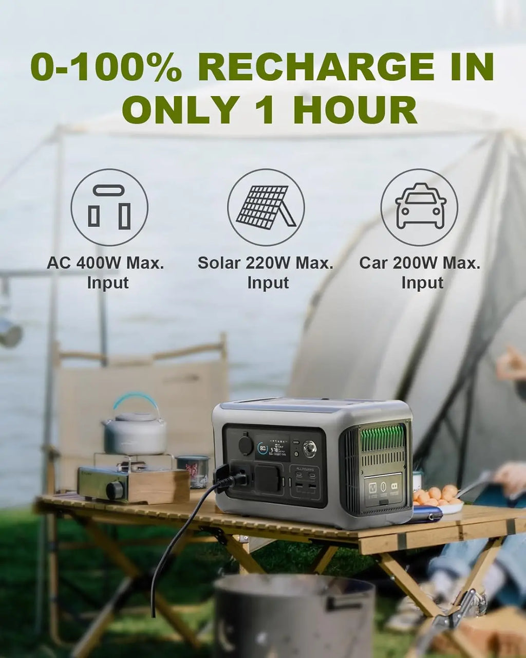 Portable Power Station 299Wh LiFePO4 Battery with 100W Flexible Solar Panel and 600W Pure Sine Wave Inverter