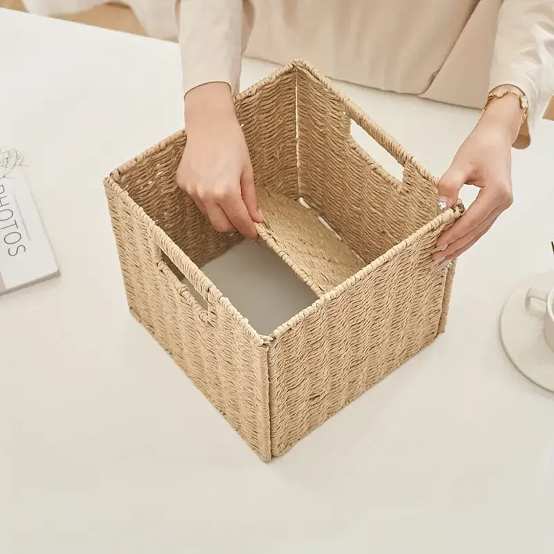 Portable Foldable Wicker Storage Basket Handmade Plant Fiber Organizer for Clothes Toys and Home Storage