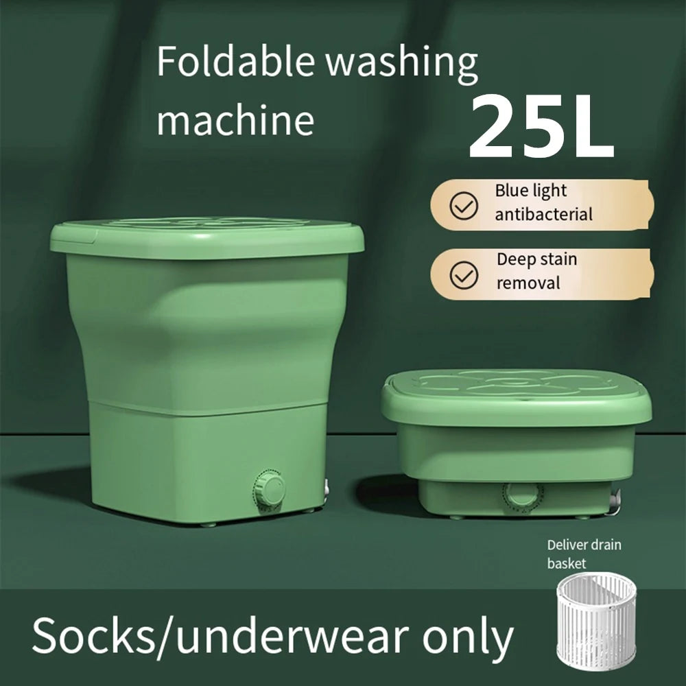 25L Large Portable Folding Washing Machine with Dryer – Mini Travel Laundry Bucket for Clothes, Socks, Underwear – Green