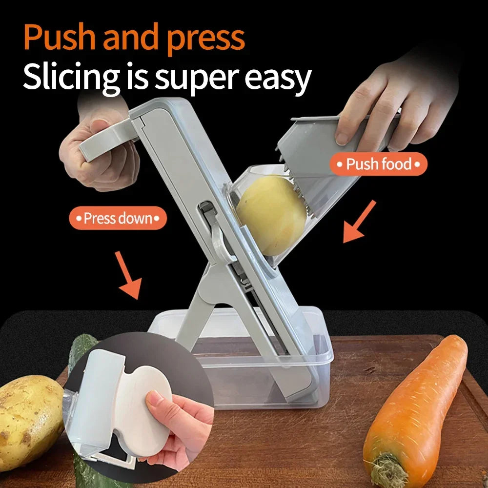Vegetable Slicer 29cm Multi Function Food Cutter with Stainless Steel Blades Container - Grey