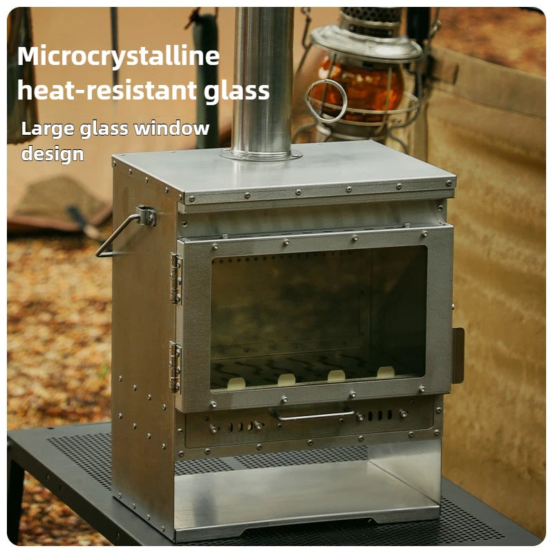 Camping Tent Stove Stainless Steel Wood Burning Heater with Glass Window – Silver